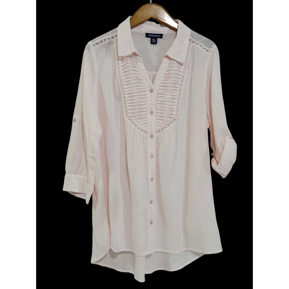 Bandolino Button Up Gauzy Tunic Top Womens Large Pale Pink Roll Tab Romantic